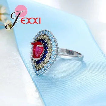Barevné Módní Velké Srdce Prsteny Pro Ženy 925 Sterling Silver Červená Modrá Zirkony Crystal Svatební Zásnubní Bague