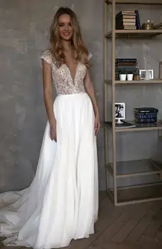 Booma Elegantní Krajkové Svatební Šaty Boho 2019 Tlačítko Zpět Bohémský Svatební Šaty Bílé ivory Šifon Beach Svatební Šaty Plus Velikost