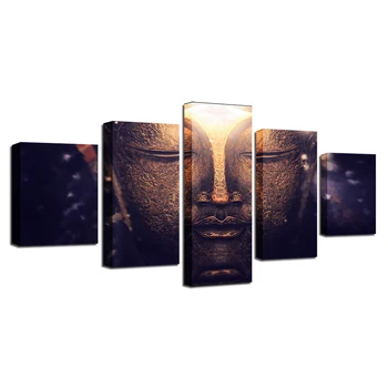 Canvas HD Tiskne Plakáty Pro Obývací Pokoj Domácí Výzdoba Buddhismus Fotografie 5 Kusů Zlatý Buddha Obrazy Modulární Umění Zdi Rámce
