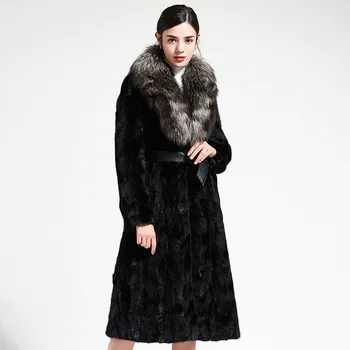 Cotday Opravdu Umělé Kožešiny Pás Dlouhé Kapsy Tlustý S Fox Kožešinovým Límcem Černá 2020 Nové Zimní Teplé Ženy Elegantní Pur Plášť