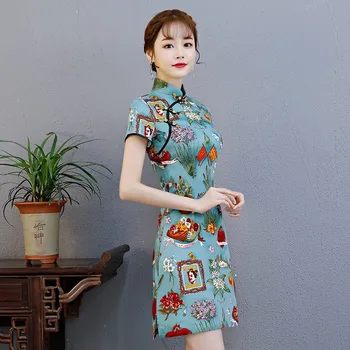 Denně nové bavlněné a lněné fashion girl slim cheongsam tisknout malé čerstvé lepší šaty cheongsam čínské tradiční šaty