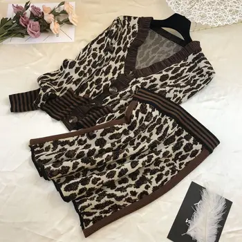 Dlouhý Rukáv V-neck Leopard Pruhované Manžety Tenký Pletený Svetr Slovo Sukně Oblek Ženy Ležérní Móda Podzim 2019 Nové