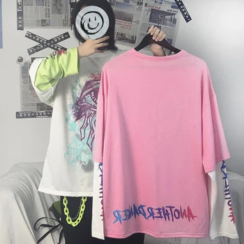 Dlouhým rukávem T-shirt Dámské Podzimní 2020 Nové Harajuku Moduly Šití Falešné dvoudílné Volné Bf O-krk Trička Top Dámské Oblečení