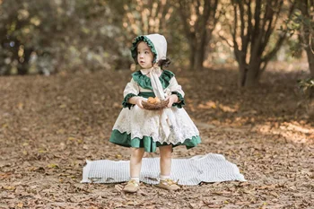 Dítě Dívka Podzim Zimní Dlouhý Rukáv Zelená Žlutá Velvet Vintage španělské Anglie Princezna Šaty Šaty pro Dívky Vánoční Casual