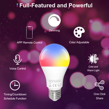 E27 9W Wifi Inteligentní LED Žárovky Stmívatelné RGB Lampa Tuya Aplikace Inteligentní Dálkové Ovládání, Kompatibilní s Google Domov Alexa Hlasové Ovládání