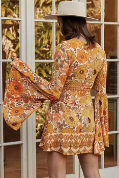 Echoine Oranžová/Žlutá Jupiter Květinové Tisk Šaty Ženy Podzim Vrhat Výstřih Dlouhé Bell Sladké Split Rukáv Krátké Šaty Plus Velikost