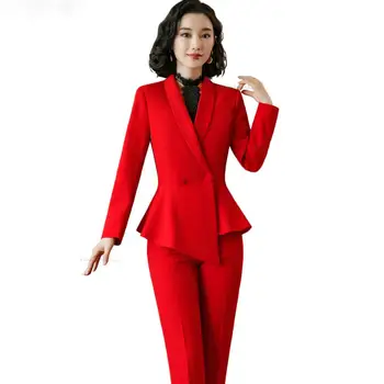 Elegantní Červená Tmavě Modrá Černá Dámské Kalhoty Oblek pro Office Lady Sada Dvou Kusů Velikosti S-4XL Šátek Límec Sako Kabát S Kalhoty Set
