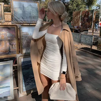 Elegantní Ženy Dlouhý Rukáv Bílé Šaty Módní Solid Color Náměstí Límec Skládaný Slim Fit Krátké Šaty Vintage Lady Mini Šaty