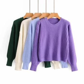 Elegantní ženy o krk pletené zboží, košile 2020 podzim ležérní puff rukáv dámské svetry měkké fialové ženské košile dívky knitwears