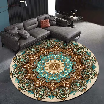 Evropský styl folk-vlastní Modré hnědé Mandala květiny Kulatý koberec v obýváku přizpůsobení Ložnice anti-slip mat plyšový koberec