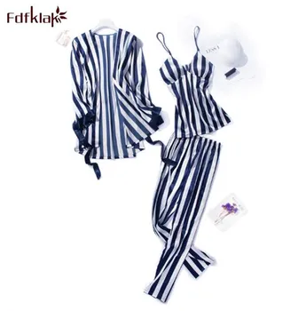 Fdfklak 3 ks pyžamo set módní pruhované hedvábí noční úbory žen jaro podzim dámské noční prádlo pyžama pyjama sady femme