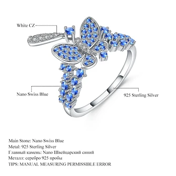 GEM JE BALET Nano Swiss Modrý Motýl Prsten, 925 Sterling Sliver Vintage Romantický Svatební Prsteny Pro Ženy Jemné Šperky
