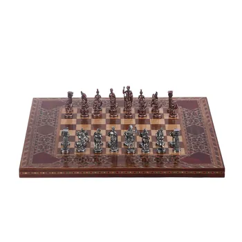 Historický Starožitný Měděný Římskými Čísly Kovové Šachy, Ručně vyráběné Kousky, přírodní Pevné Dřevěné šachovnice Krále Malé Velikosti 4,8 cm