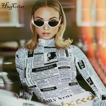 Hugcitar dlouhý rukáv vysoká krk noviny tisk sexy bodycon kombinézu 2019 podzim zima ženy módní tělo