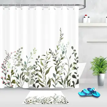 Jarní Zelené Rostliny Sprchový Závěs Koupelna Nepromokavé Polyesterové Tkaniny Sprchový Závěs Zelený List Tištěné Závěsy Pro Koupelny