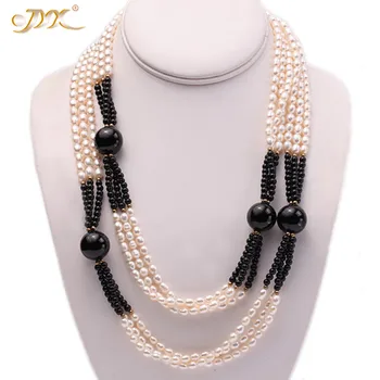 JYX 4-14mm bílé oválné sladkovodní perly a černý kulatý achát náhrdelník Šperky Dárek pro Ženy