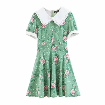 Klacwaya dívky elegantní zelené šaty 2019 letní ženy květinové růže tisk šaty peter pan límec party dámské měkké šifon vestidos