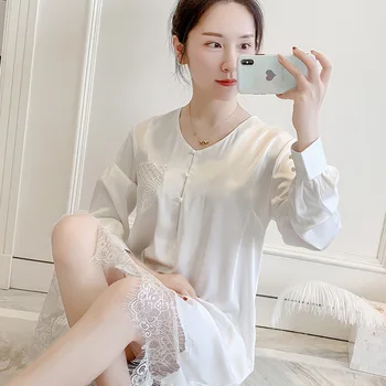 Korejský Sexy Ženy Noční Prádlo Dlouhý Rukáv Krajky Princezna Oblečení Na Spaní Podzim Hedvábnou Košili Skvrnu Noční Košile Růžová Plus Velikost Noční Košile 2020