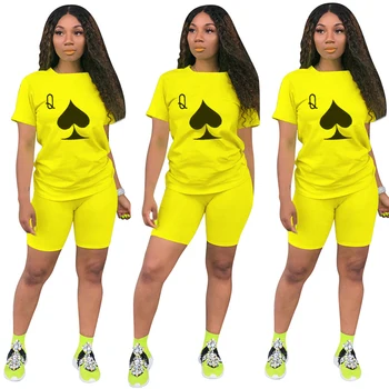 Krátký Rukáv O-Krk Plná Barva Spade Poker Q Print T-Shirt & Motorkářské Kalhoty Dámské Oblek Oblečení Dva Dílná Sada