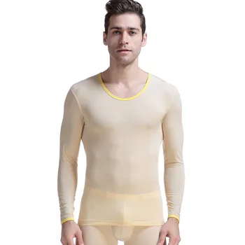 KWAN.Z tepelné spodní prádlo ultra-tenké hedvábné průsvitné pyžama top samec termosky spodní prádlo O krk dlouhé kalhoty kompresní prádlo
