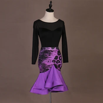 Latin Dance sukně a halenka set purple leopard fishtail sukně nabíranou lem kolem krku halenka top LQ139