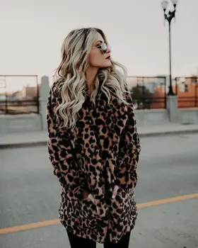 Leopard Turn-Down Límec Kabát Ženy Podzim Zima Kapsy Módní Volné Lounge Nosit Módní Topy Streetwear Oblečení