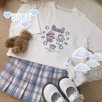 Letní nový Roztomilý Králík, Medvěd Print T-shirt Japonské Měkké sestra Kolem krku Sladký Krátký rukáv Malé Čerstvé Ležérní svetr Topy