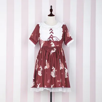 Lolita Šaty Sladký Králík Roztomilé Japonské Kawaii Dívky, Princezna Panna Vintage Gothic Tištěné Vzory, Krajka Bílá Červená Letní Sukně