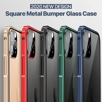 Luxusní Čtvercová Kovová Aluminumm bumper Pouzdro Pro iPhone 12 mini 11 Pro MAX Transparentní Tvrzené Sklo Ochranu Fotoaparátu Zadní Kryt