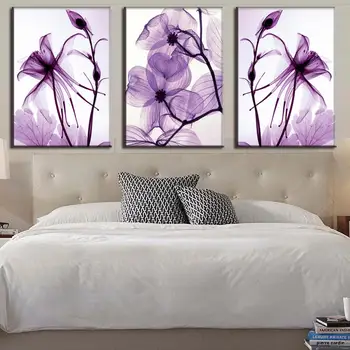 Malování na Zeď, Umělecké Tisky HD Dekorativní Modulární Obrázky 3 Kusy/Ks Fialová Květina Rámec Plátno Pro Obývací Pokoj Ložnice