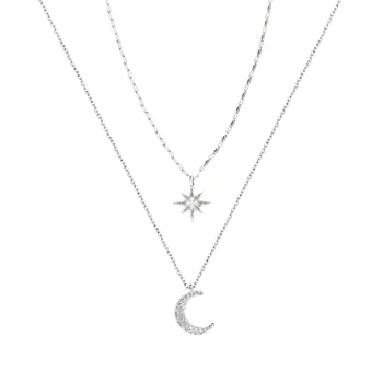 ModaOne Double Star Moon Stříbrné Barvy Se Zirkony Klíční Kost Řetěz Náhrdelník Pro Ženy, Dívky, Jednoduché Elegantní Módní Šperky