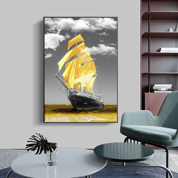 Moderní Minimalistické Zlaté Plachetnice Plátně Obraz, Plakát A Otisky Umění Nástěnné Obrázky pro Obývací Pokoj Domácí Výzdoba (Bez Rámečku)