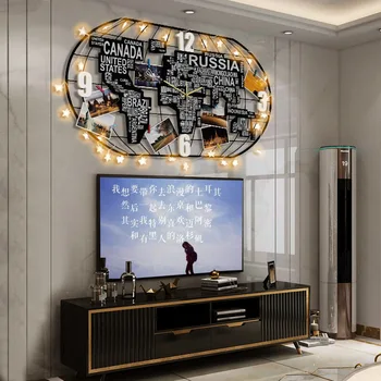 Moderní Velké Kovové Světová Mapa Nástěnné Hodiny s Lgiht LED Svítící Dekorace na Zeď Obývací Pokoj 3d Akryl Nástěnné Hodiny Domova