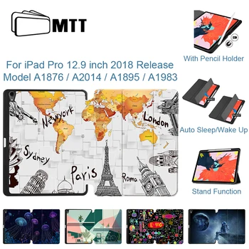 MTT Tablet Pouzdro Pro iPad Pro 12,9 2018 Vydání PU Kůže Magnetické Flip Stand Kryt Smart Ochranné funda + Tužka Držitel a1895