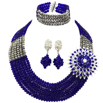 Módní Royal Blue Silver Korálek Multi Prameny Náhrdelník Nigerijské Svatební Africké Korálky Šperky Set Crystal 6-SS32