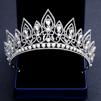Módní Stříbrná Barva Crystal Vlasy, Šperky Pearl Zářící Diadém Koruny Luxusní Královna Princezna Nevěsta Svatební Čelenka Vlasy Příslušenství