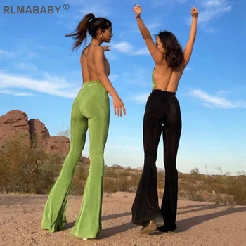 Módní Vintage Casual Flare Kalhoty 2021 Jarní Letní Elegantní Ženy Štíhlé Vysokým Pasem Kalhoty High Street Žena Sexy Zelené Kalhoty