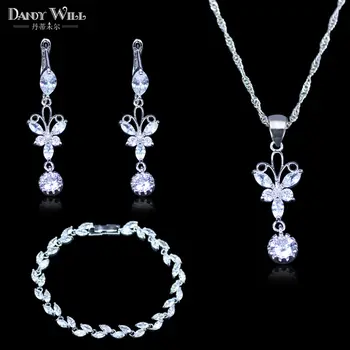 Nejlepší Krásný Dárek Pro Ženy & Lady Čistě Bílé Křišťálové Stříbrné Barvy Šperky Sady Pro Ženy, Pěkné Náramky Motýl