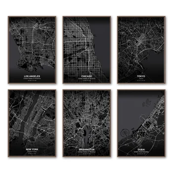 New York, Londýn, Tokio, Dubaj, Washington, Los Angeles, Mapy, Nástěnné Umění Malířské Plátno Nordic Plakáty A Tisky Dekorace Obrázky