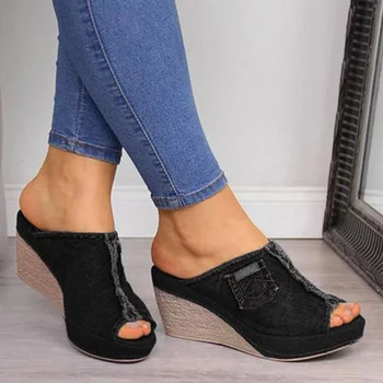 Nové Džínové Dámské Sandály A Pantofle jednodílný Klín Rybí Ústa Boty Ženy Slip-on Peep Toe Klín Plátno Sandály Pro Spodní