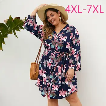 Nové jaro, podzim plus velikost midi šaty pro ženy dlouhý rukáv volné ležérní modré květinové květinové V krku šaty pás 4XL 5XL 6XL 7XL
