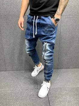 Nové SEXY Pánské Hip-hop Big Pocket Skinny Jeans Zipper Slim Vysoce Kvalitní Džíny Ležérní Sportovní Korzet Tužka Kalhoty M-3XL
