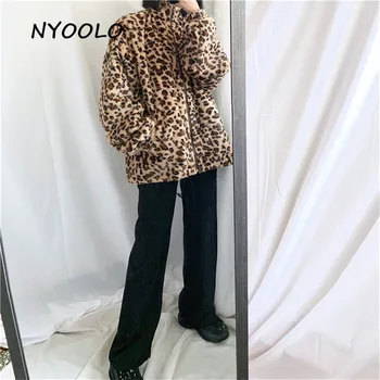 NYOOLO Podzim Zima streetwear Vintage leopard oversize kabát Ležérní plus sametové tlusté volné zip bunda ženy svrchní látka
