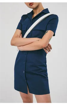 Námořnictvo Tlačítko Dolů Krátký Rukáv Utility Šaty S Kapsy Klopový Mini Košile Šaty Dámské Letní Šaty Korean Fashion /