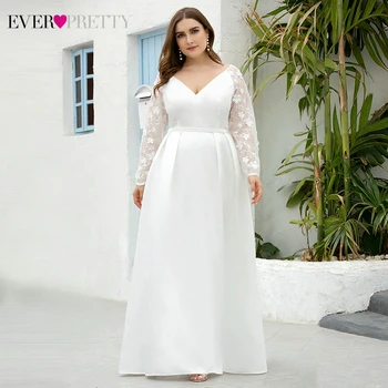 Plus Velikost Bílé Svatební Šaty Ever Pretty EP00707WH-Line V-Neck Plný Rukáv Satén Svatební Šaty Pro Nevěstu Suknia Slubna