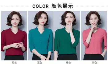 Plus velikost solid color šifon tričko ženy korálkové jednoduchý styl temperament V-neck zahraniční rukáv Halenky žena jaro léto