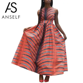 S hlubokým výstřihem Maxi Šaty Ženy Vintage Africké Tisk Letní Šaty 2020 Dlouhé Šaty Kontrastní Barevné Pruhované Český Dashiki Šaty žena