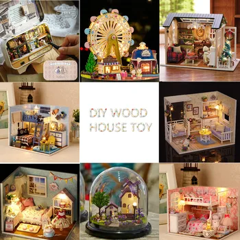 Sestavit DIY Dřevěný Dům Hračka Dřevěná Panenka Dům Miniaturní Domeček pro panenky hračky S Nábytkem LED Světla, dárky k Narozeninám