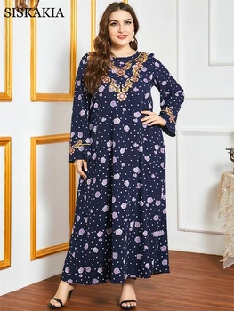 Siskakia Vintage Etnické Výšivky Maxi Šaty pro Ženy Spadnout 2020 Plus Velikost Dlouhý Rukáv Turecko arabské Muslimské Šaty Námořnická Modrá