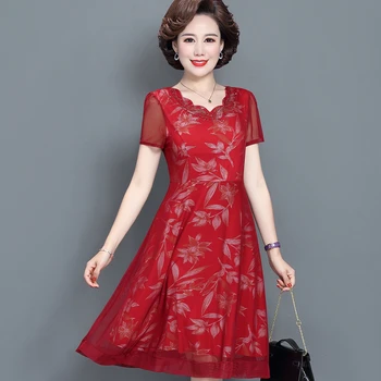 Středního věku a starší šaty ženy letní 40-rok-starý šití tištěné šaty ležérní mid-length šaty mid-length 10 barev